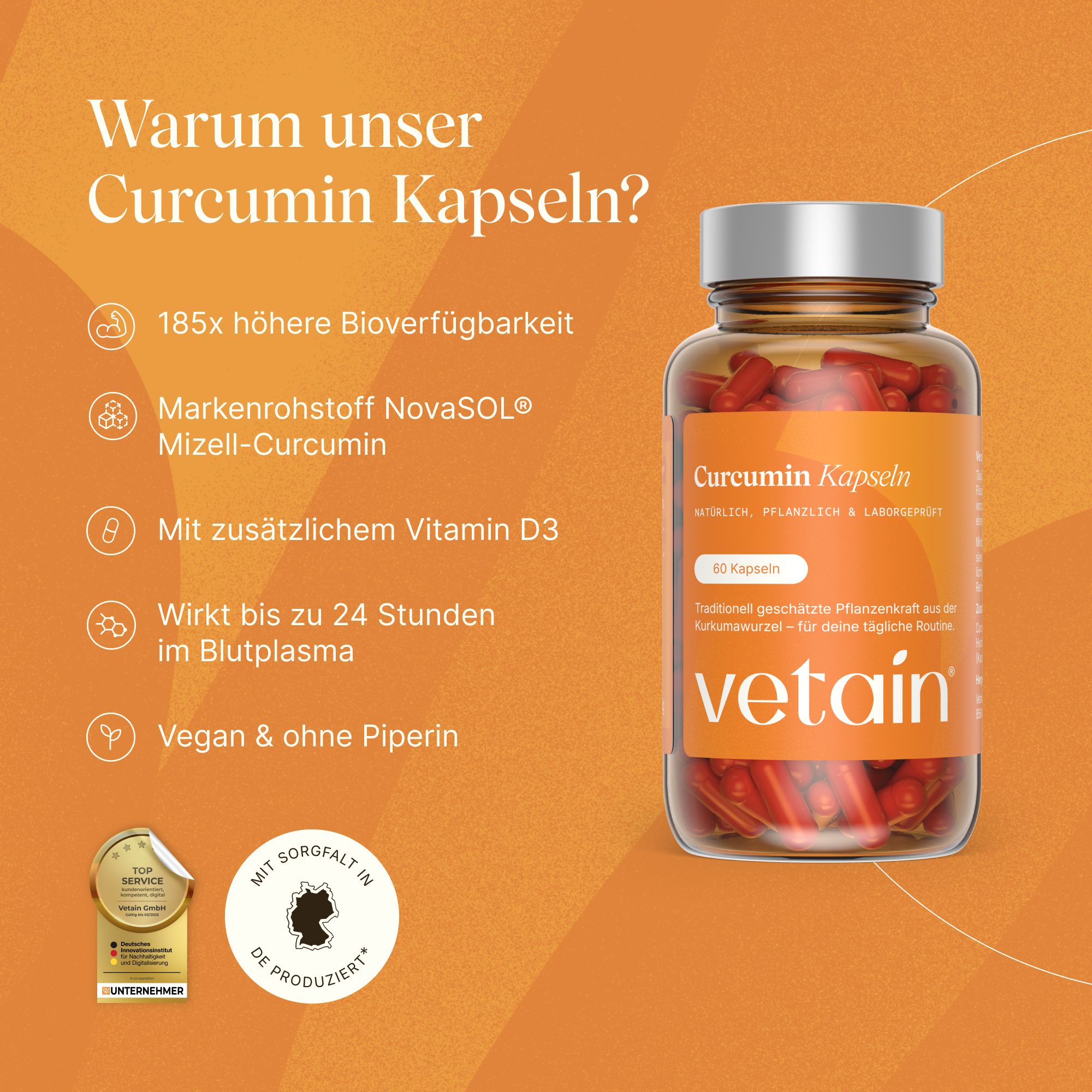 VETAIN Kurkuma Kapseln Flasche mit Vitamin D3 und Informationen zur Bioverfügbarkeit.