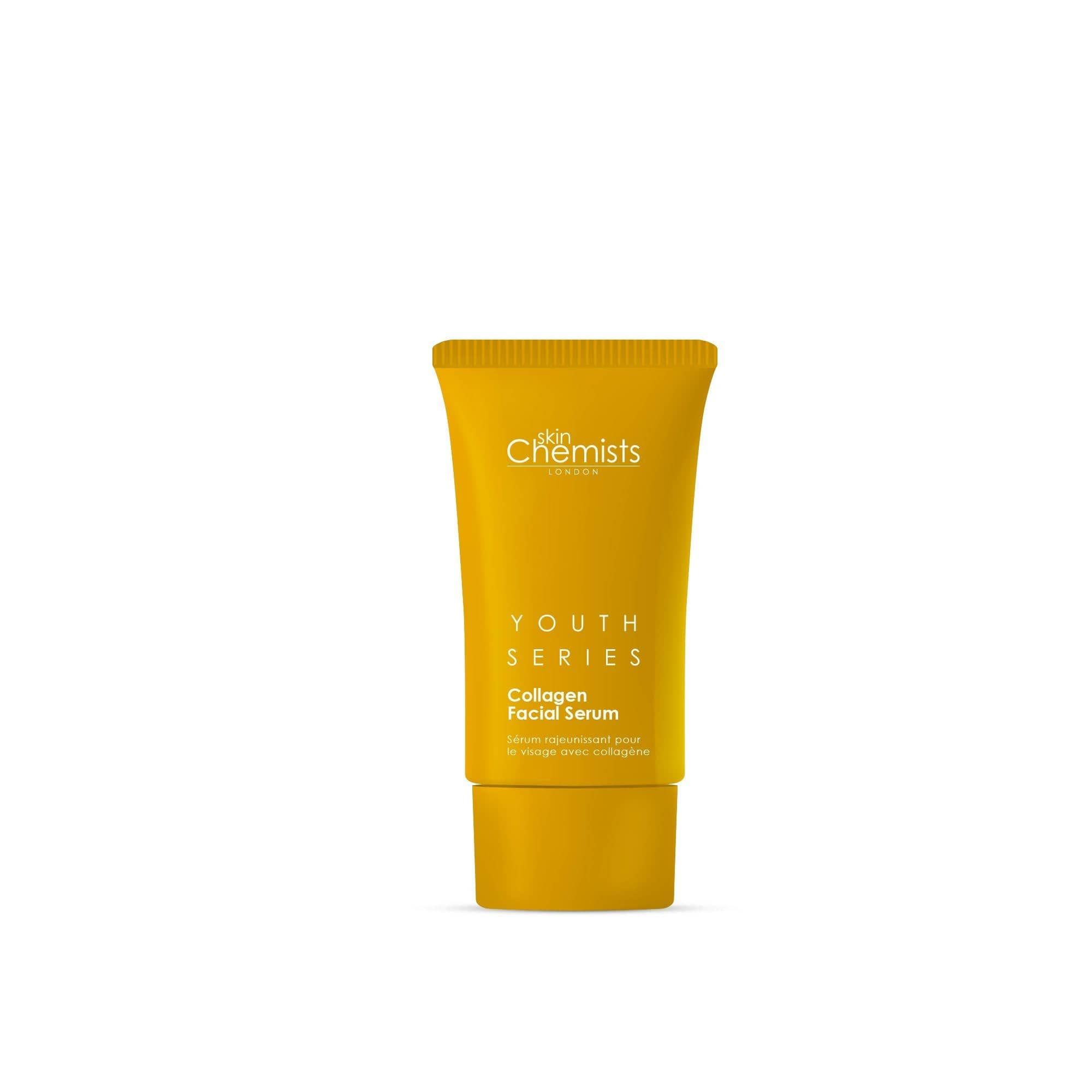 Gelbe Tube mit "skinChemists" und "Youth Series Collagen Facial Serum" Schriftzug. Aufschrift auf Englisch.