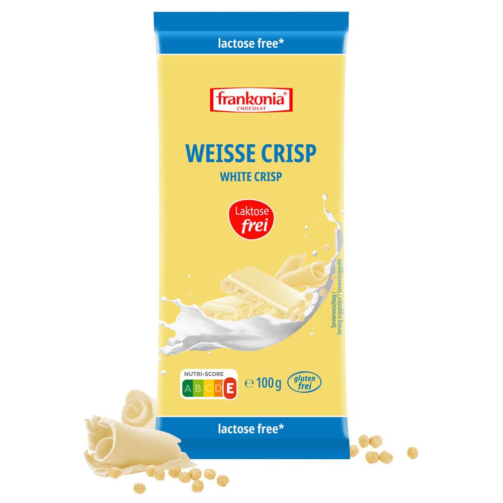 Verpackung mit weißer Schokolade. Aufschrift: "WEISSE CRISP", "Laktose frei", "gluten frei". Enthält 100g.