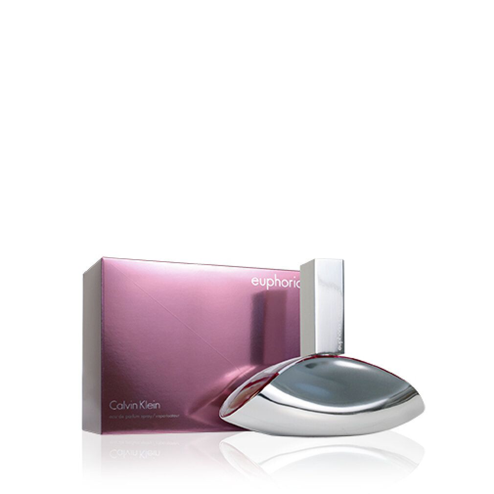 Flakon und Verpackung. Silberner Flakon, rechteckiger Verschluss, rosa Verpackung. Calvin Klein und Euphoria.