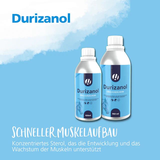 Zwei Flaschen Durizanol. Aufschrift: Durizanol, Muskelwachstum & Entwicklung. Logo. 420ml und 960ml.