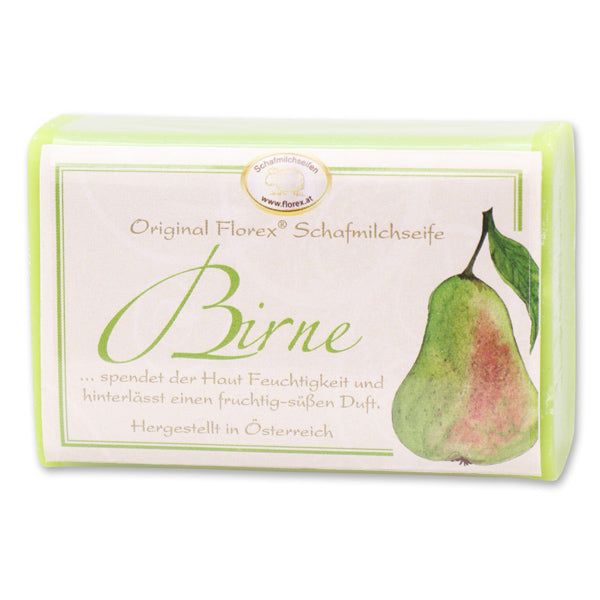Rechteckige Schafmilchseife in Verpackung. Etikett mit Birnen-Illustration und Text: Original Florex Schafmilchseife.