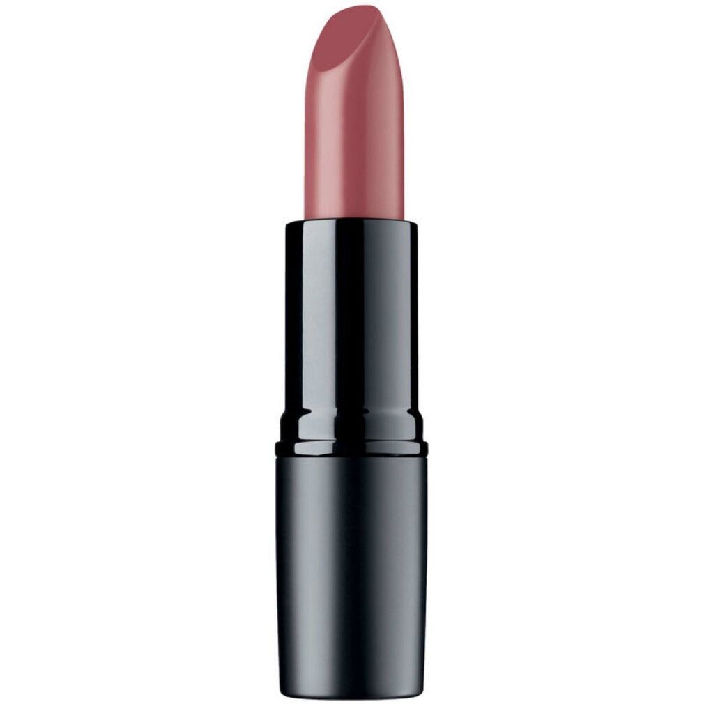 Ein einzelner, aufrechter, matt-rosafarbener Lippenstift in schwarzer Hülse.