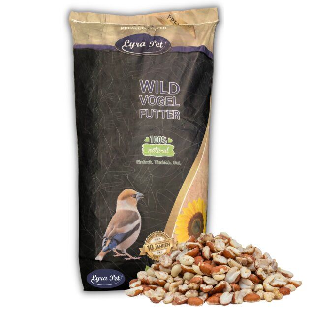 Sack Wildvogelfutter mit Erdnüssen, Text: Lyra Pet, 100% natural, 10 Jahre.