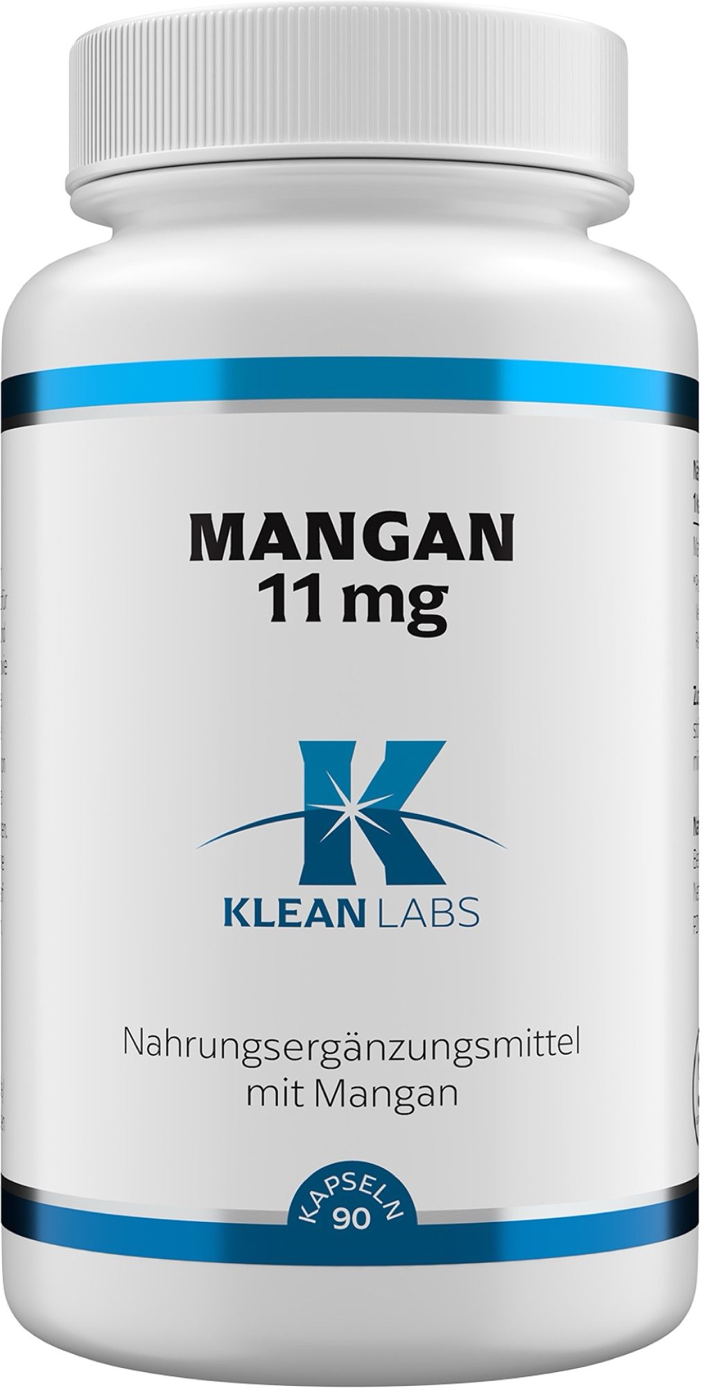 Weiße Kapsel-Flasche mit blauem Etikett: MANGAN 11 mg, Klean Labs, 90 Kapseln.