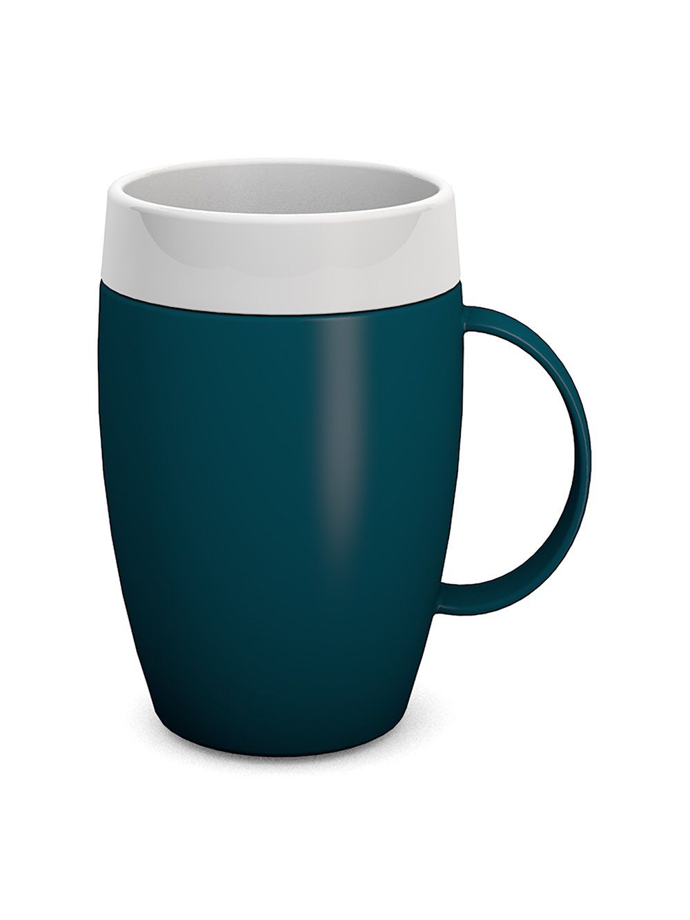 Becher mit kleinem Henkel, blau-weiß. Zylindrische Form, weißer Rand, blauer Korpus und Henkel.