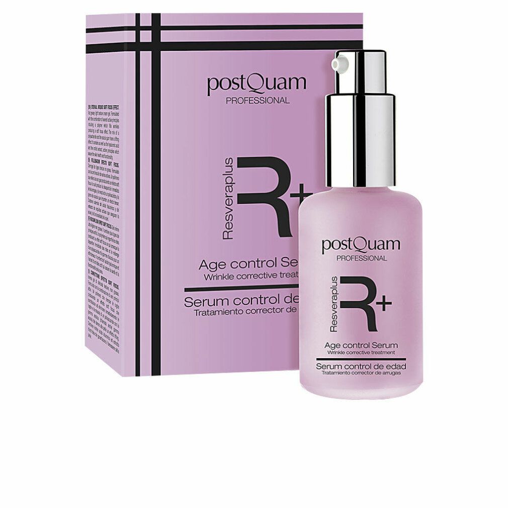 Rosa Flasche mit Sprühkopf und Verpackung. Aufschrift: Postquam, Resveraplus, Age control Serum.