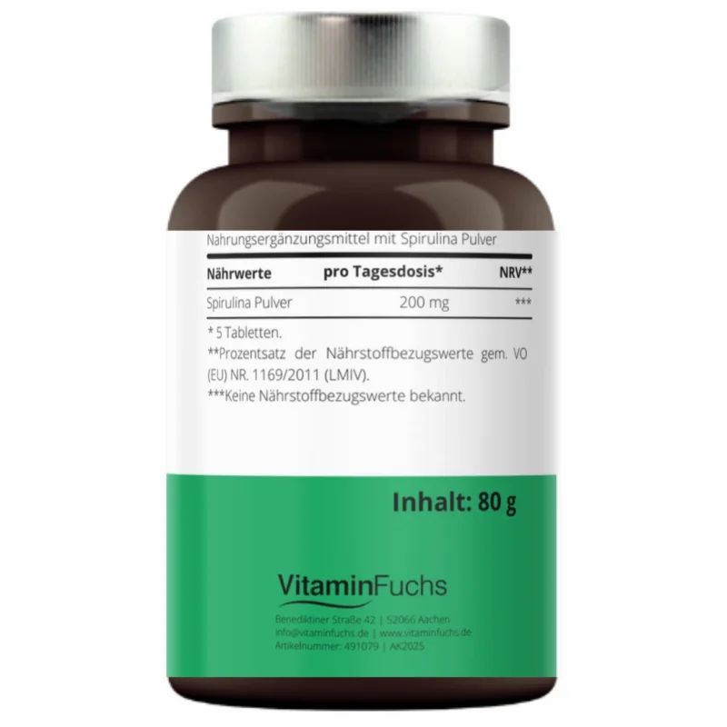 Braune Tablettenflasche mit weißem Etikett. Aufschrift: Spirulina Pulver, 80g Inhalt, VitaminFuchs Logo.