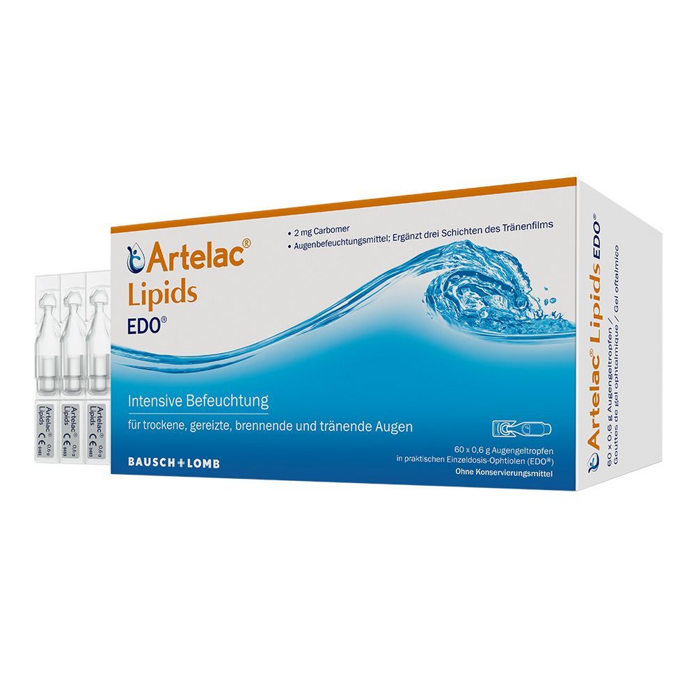 Artelac Lipids EDO® Augengel-Verpackung mit Einzel-Dosen. Weißer Karton mit blauer Welle und Produktnamen. Orangefarbener Akzent.