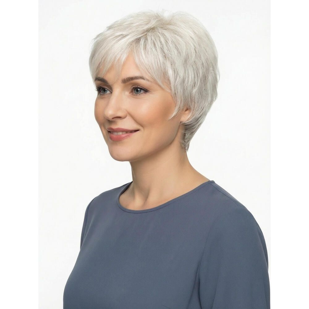 Kurzhaarperücke in Grau. Frau mit Perücke, seitliche Ansicht. Kurzer, gestufter Schnitt. Hellgraue Farbe. Trägerin lächelt.