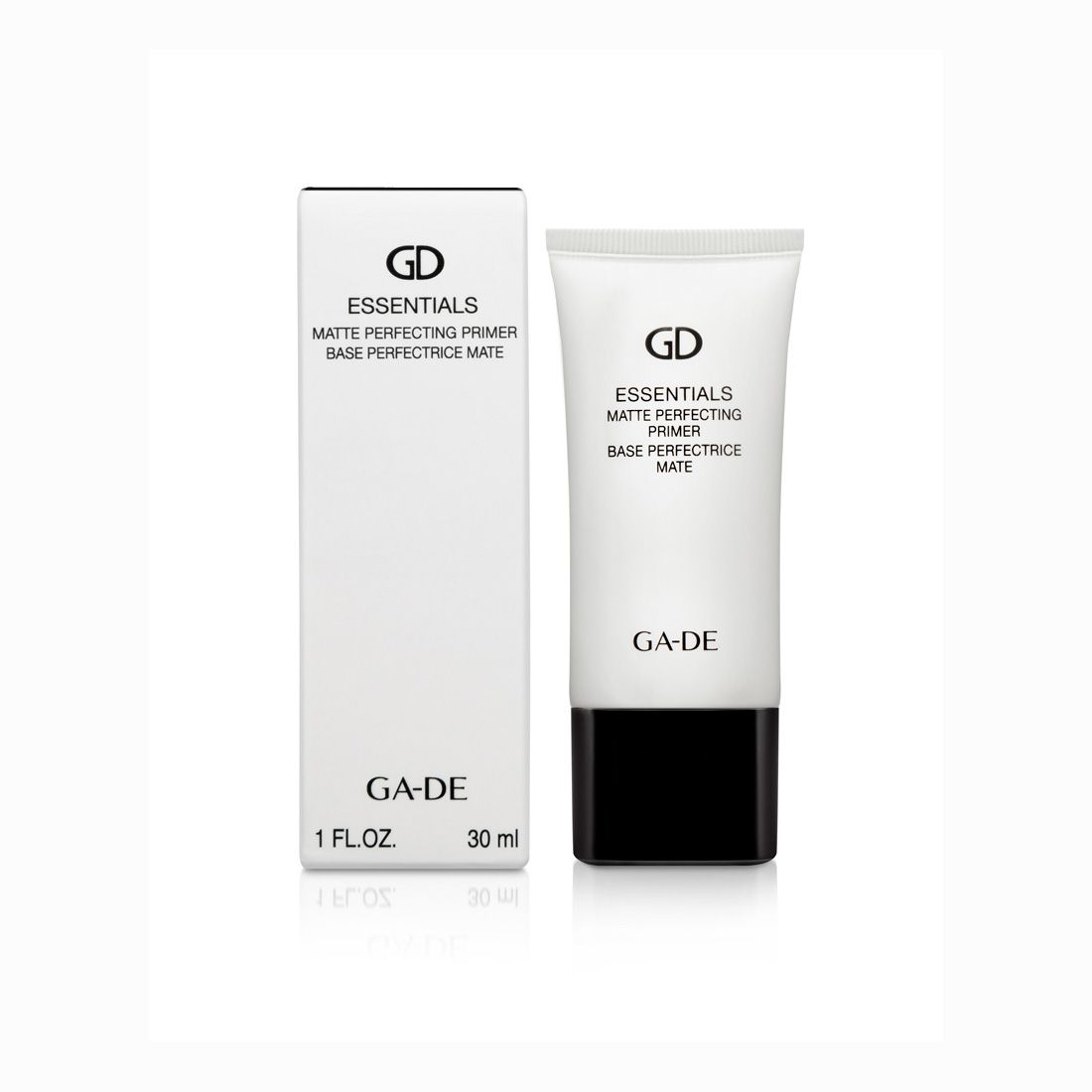 Ga-De Essentials Matte Perfecting Primer. Tube und Verpackung. Text: GD, Essentials, Base Perfectrice Mate. Marke: Ga-De. Volumen: 30 ml.