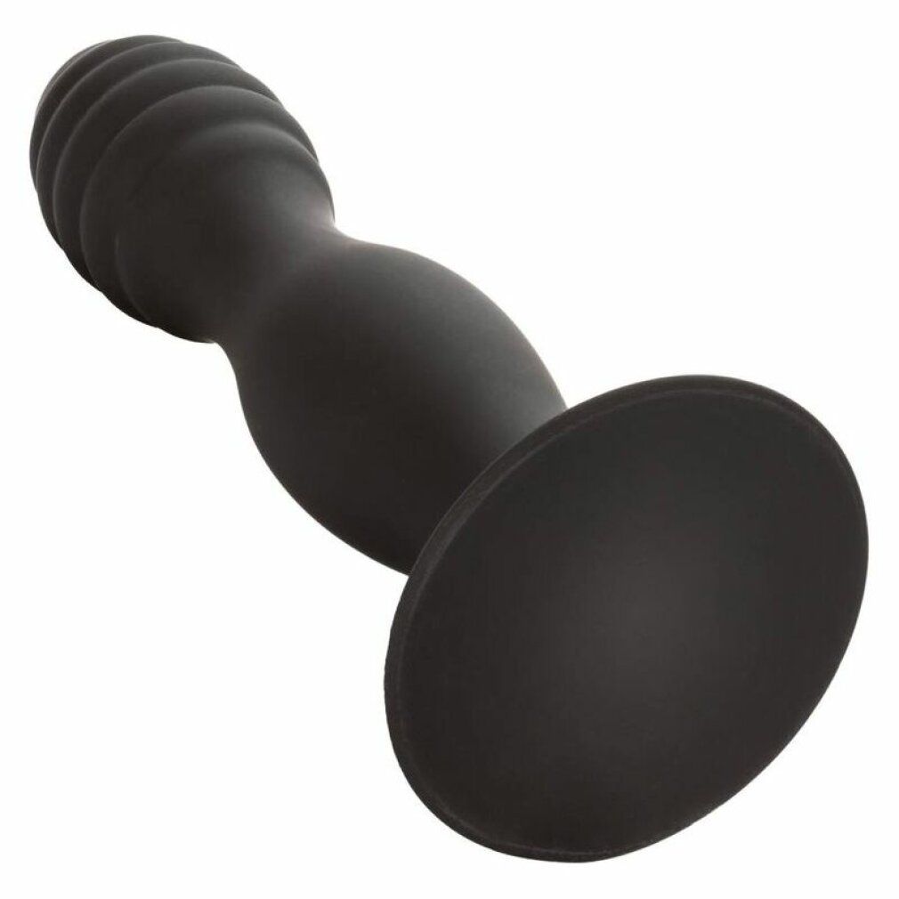 Schwarzer Anal-Stift mit gerippter Spitze und Saugnapf-Basis. Aus Silikon.