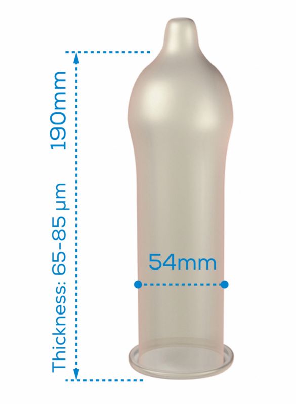 Kondom mit Maßen: 190mm Länge, 54mm Durchmesser, 65-85µm Dicke. Transparentes Material.