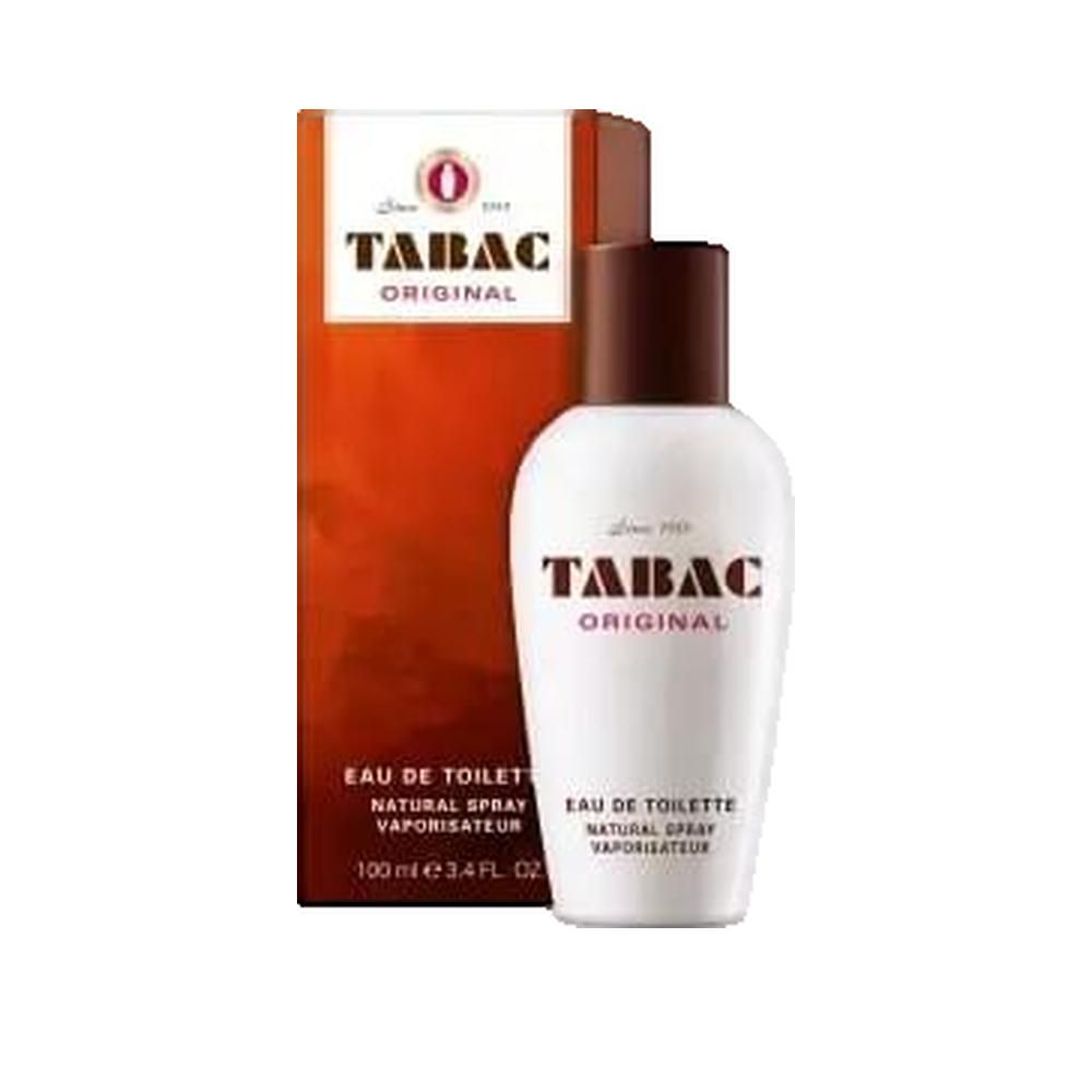 Tabac Original Eau de Toilette. Weiße Flasche mit braunem Deckel und Verpackung. Text: Tabac Original, Eau de Toilette.
