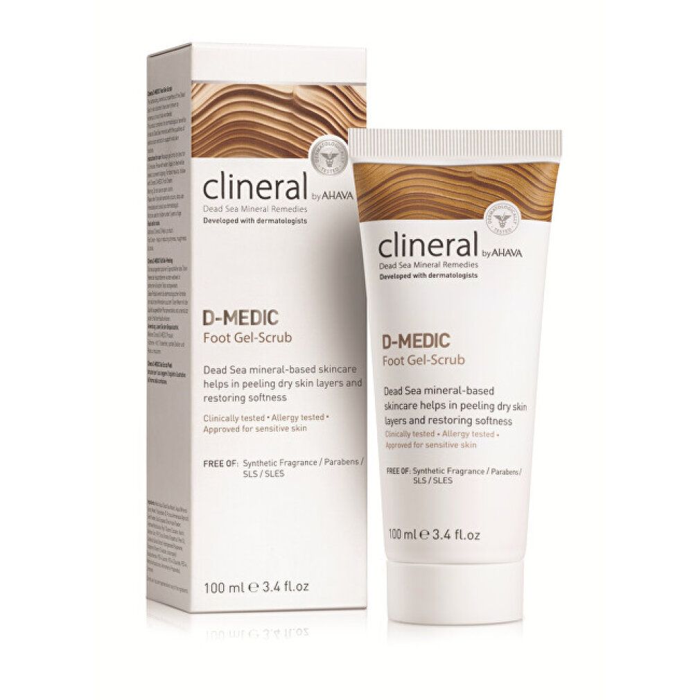 Produktverpackung mit Tube und Karton. Weiß mit braunem Wellenmuster. Produktname und Logo Clineral.