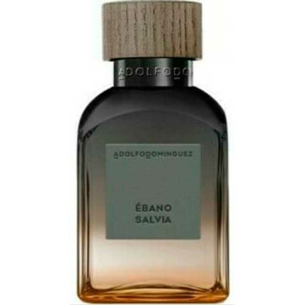 Parfümflakon mit Holzverschluss. Aufschrift: Ébano Salvia, Adolfo Dominguez. Farbverlauf von Braun zu Rosa.