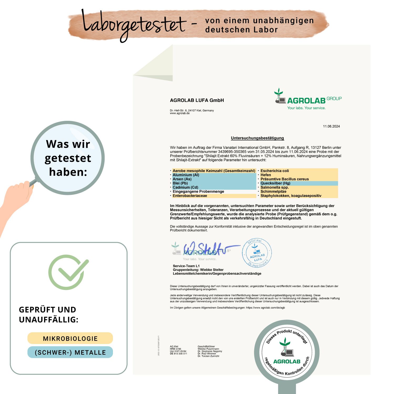 Laborbericht mit Testergebnissen. Logo: AGROLAB. Geprüft auf Mikrobiologie und Schwermetalle. Zertifizierungen.