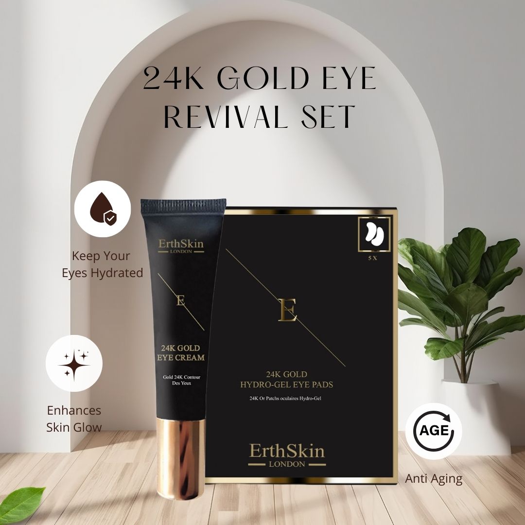 Augencreme und Augenpads-Set. Schwarze Verpackung mit Golddetails. Tube und Verpackung mit Produktinformationen. Hintergrund mit Pflanzen.