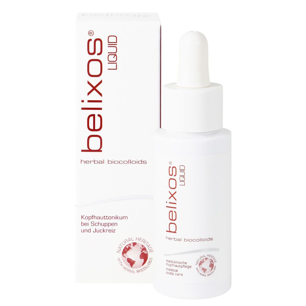 Weiße Flasche mit Pipette und Verpackung. Aufschrift: belixos® Liquid, herbal biocolloide, Kopfhauttonikum bei Schuppen und Juckreiz.