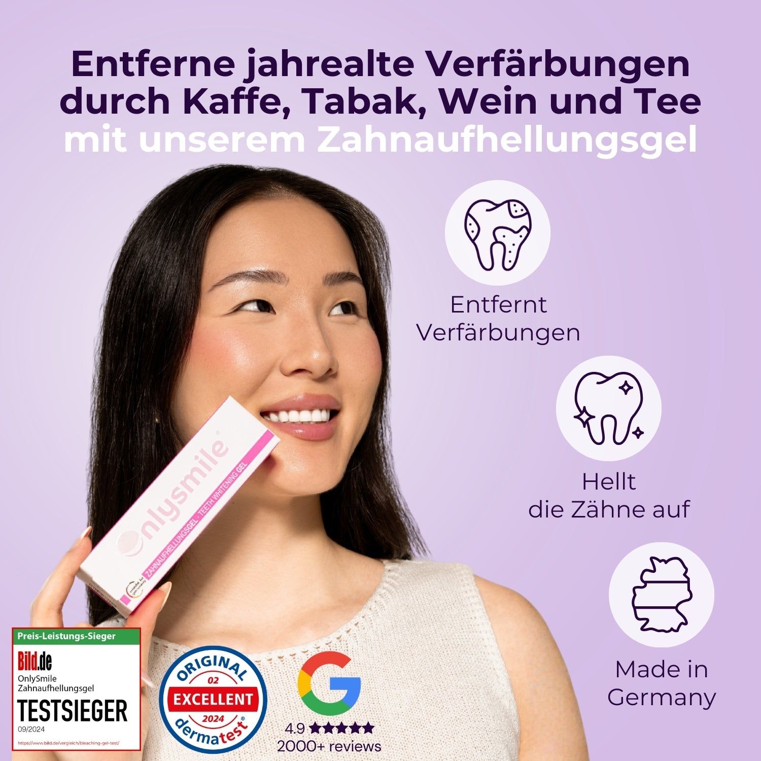 Frau hält OnlySmile Zahnaufhellungsgel. Text: Entfernt Verfärbungen durch Kaffee, Tabak, Wein und Tee. Made in Germany.