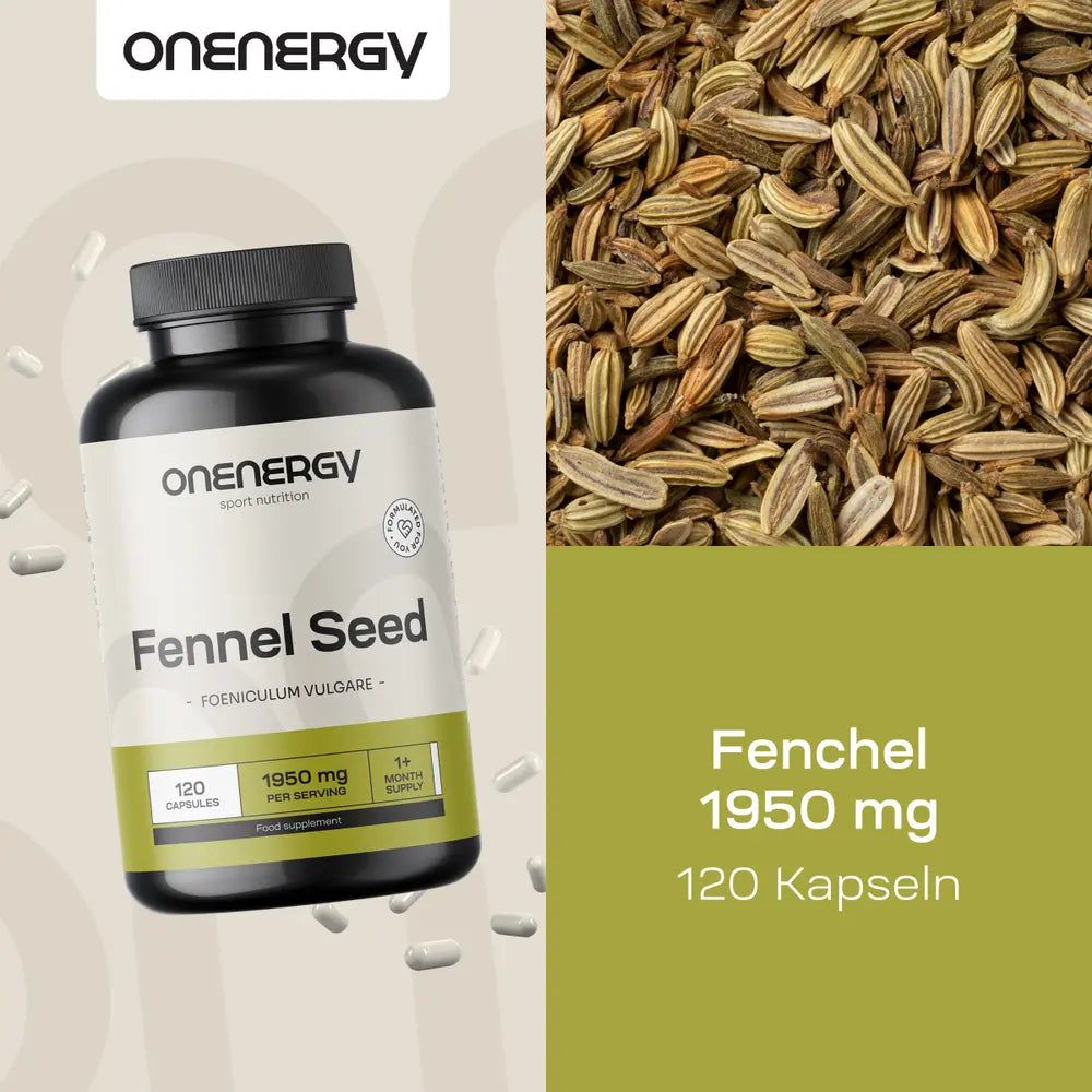 ONENERGY Fenchelsamen-Dose neben einer Nahaufnahme von Fenchelsamen. 120 Kapseln.