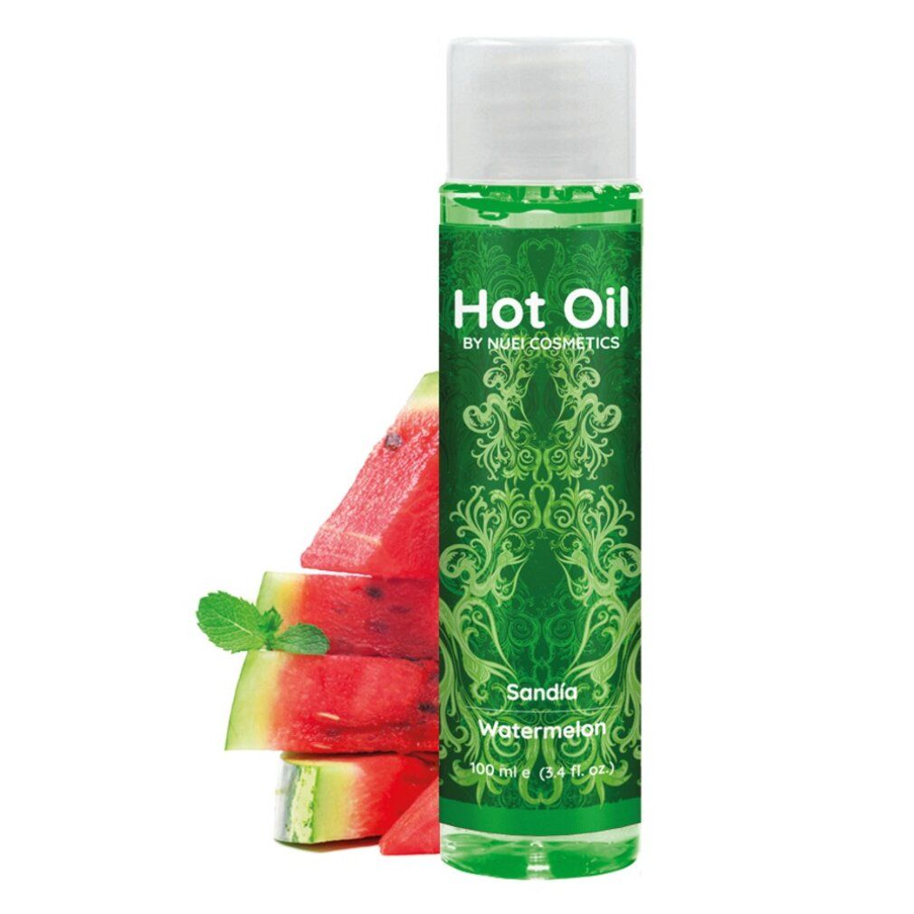 Grünes Massageöl mit weißem Deckel, neben Wassermelone und Minze. Aufschrift: Hot Oil, Sandía, Watermelon. Marke: NUEI cosmetics.