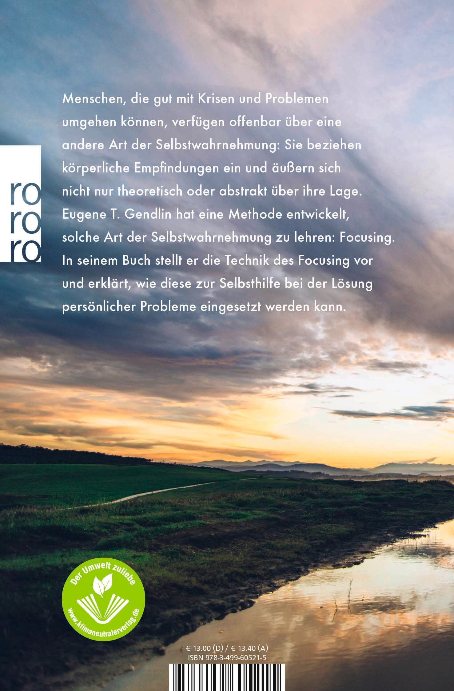 Rückseite des Buches "Focusing". Text über Selbstwahrnehmung und Selbsthilfe. Logo: Umweltzeichen. ISBN-Code.