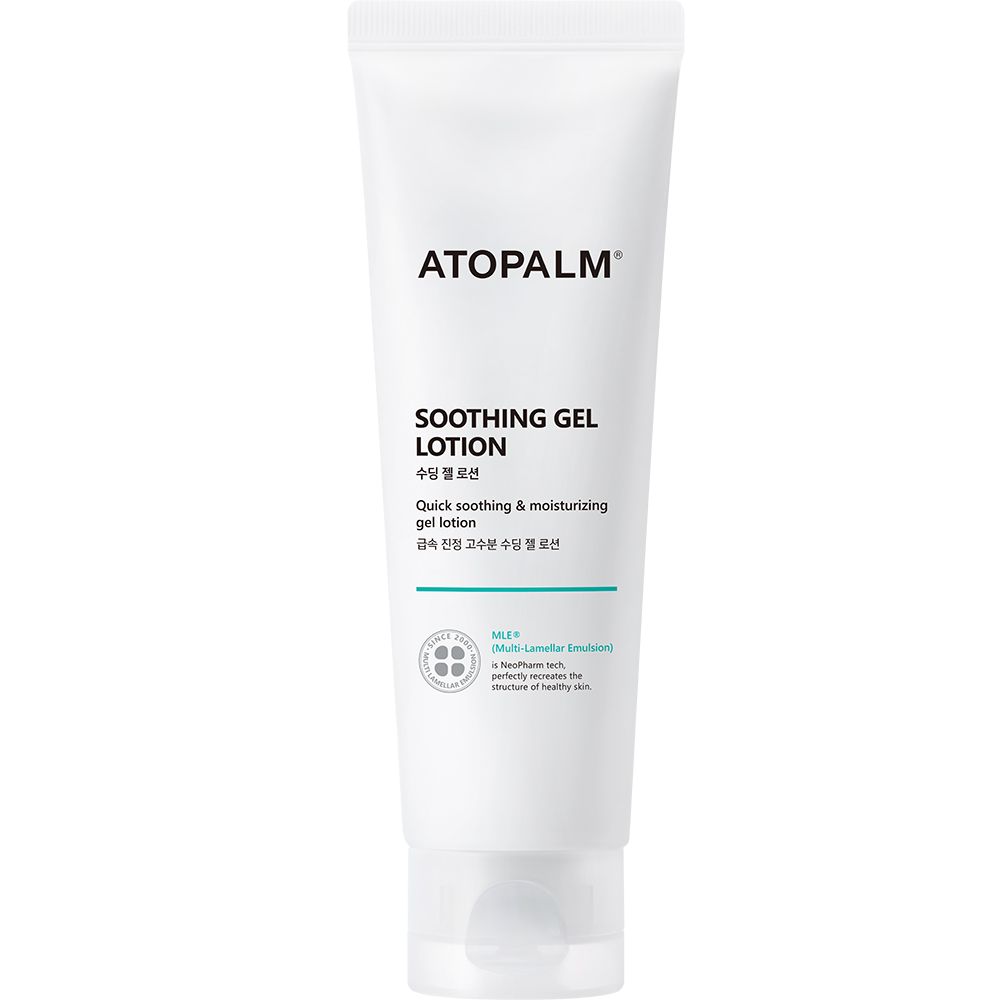 Weiße Tube ATOPALM Soothing Gel Lotion. Produktname und Text in Englisch und Koreanisch.