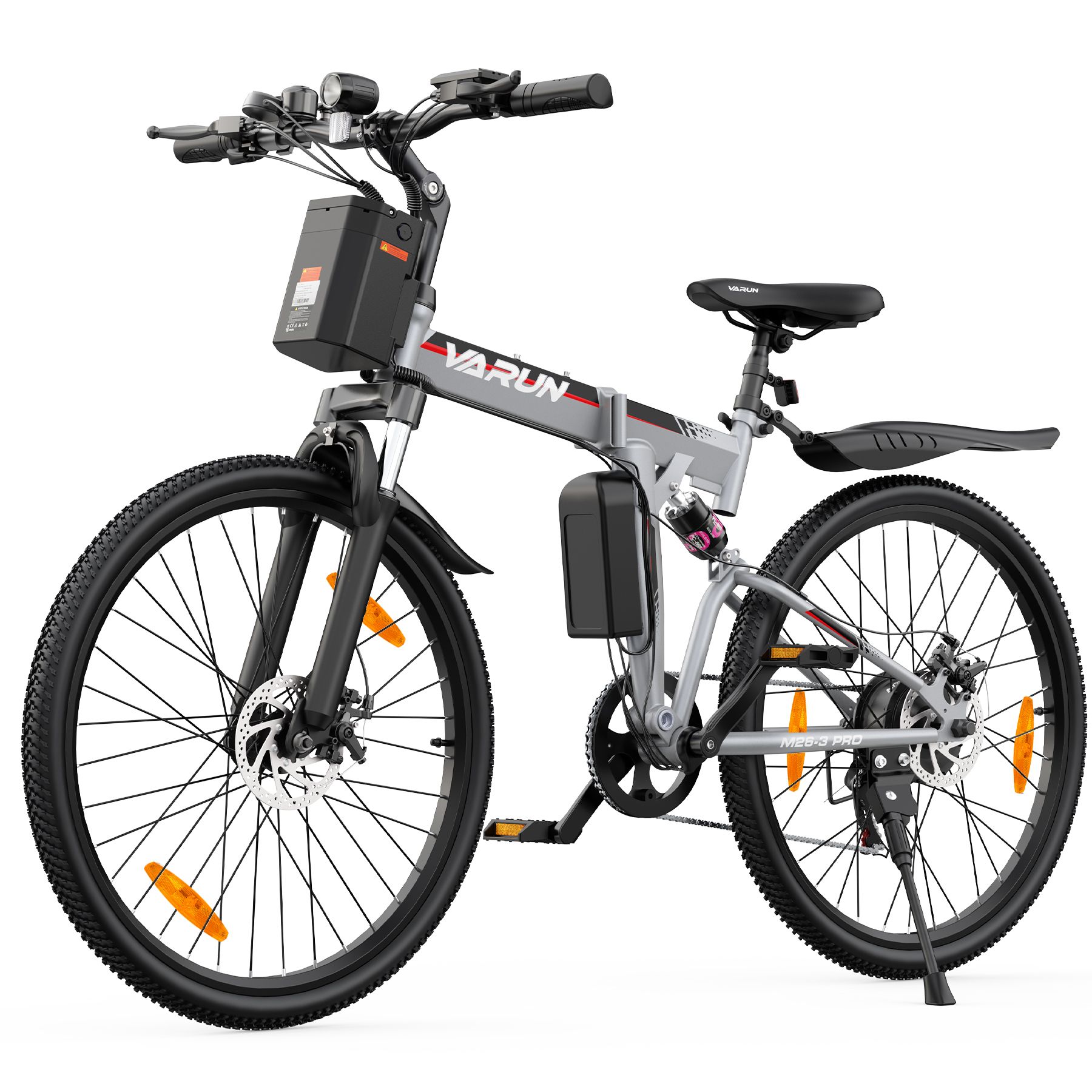 Faltbares E-Bike, silberfarben, mit schwarzem Rahmen und Reifen. Zubehör: Rücklicht, Pumpe, Handyhalterung.