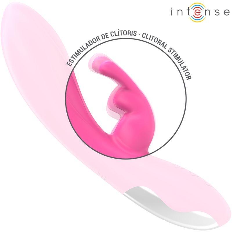 Rosa Vibrator mit clitoraler Stimulation. Kreisförmige Hervorhebung.
