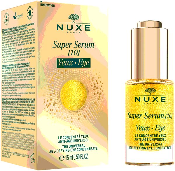 Produktverpackung und Flasche. Aufschrift: NUXE Super Serum [10] Yeux • Eye.