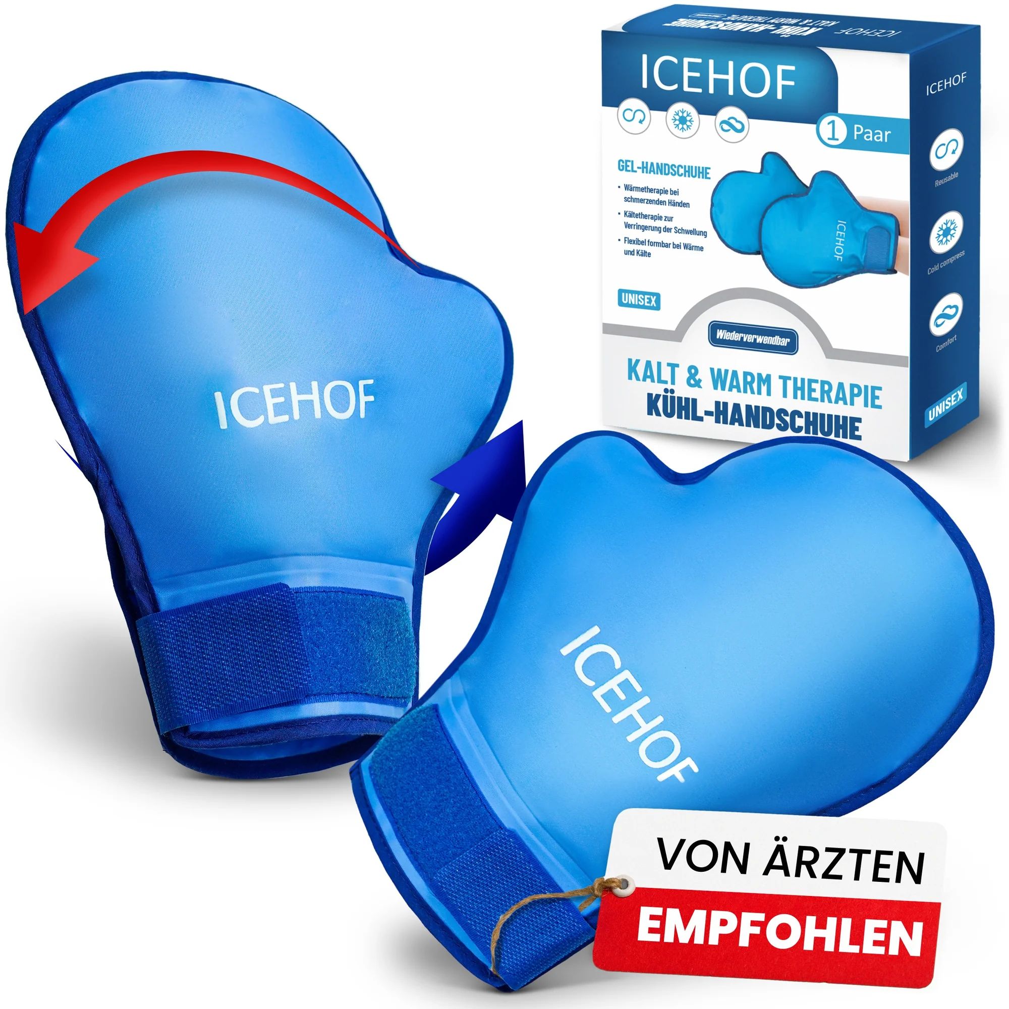 Zwei blaue ICEHOF Gel-Handschuhe mit Klettverschluss und Verpackung. Für Kalt- und Wärmetherapie.