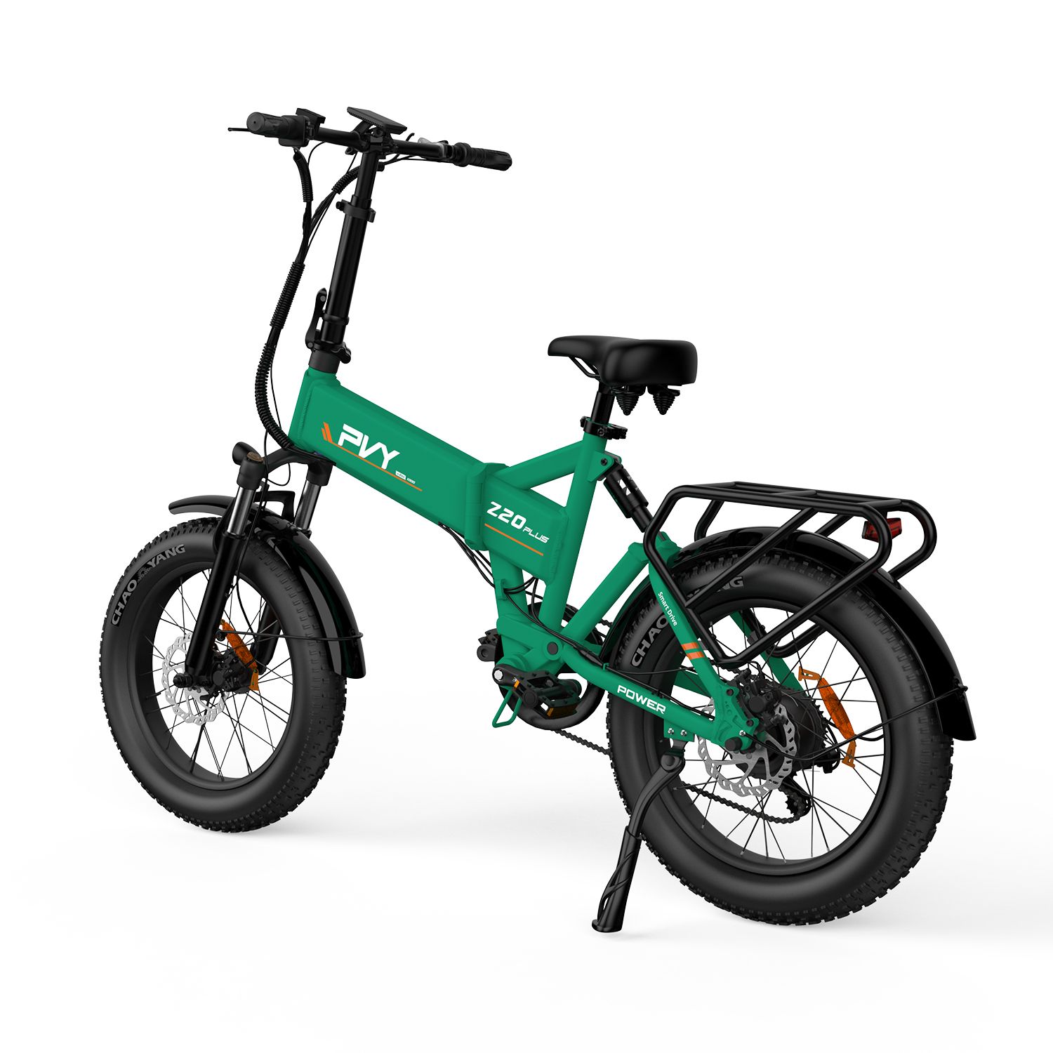 Grünes PVY Z20 Plus E-Bike mit Dreifachfederung. Schwarze Reifen, Gepäckträger und Sattel. Sichtbare Schriftzüge.