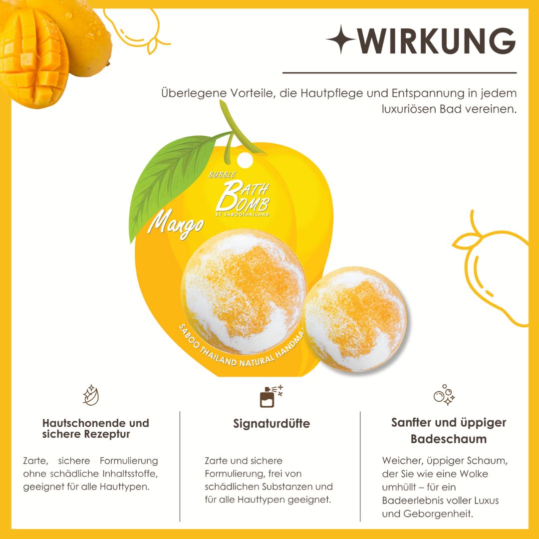 Grafik mit Mango-Badebombe. Text: Hautschonende Rezeptur, Signaturdüfte, sanfter Badeschaum. Logos: Saboo, Handmade.