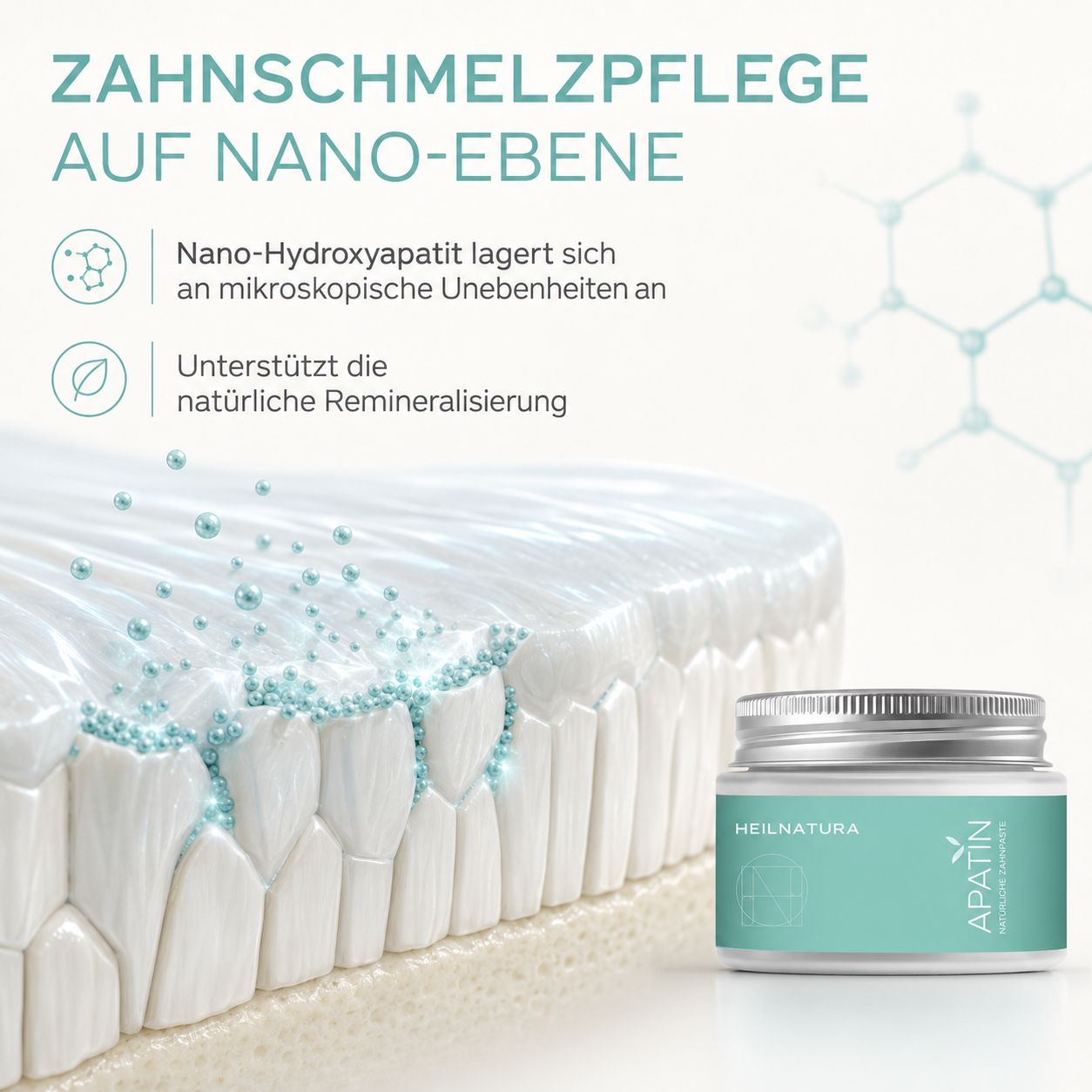 Grafische Darstellung von Zahnschmelzpflege auf Nano-Ebene mit Nano-Hydroxyapatit und Remineralisierung.