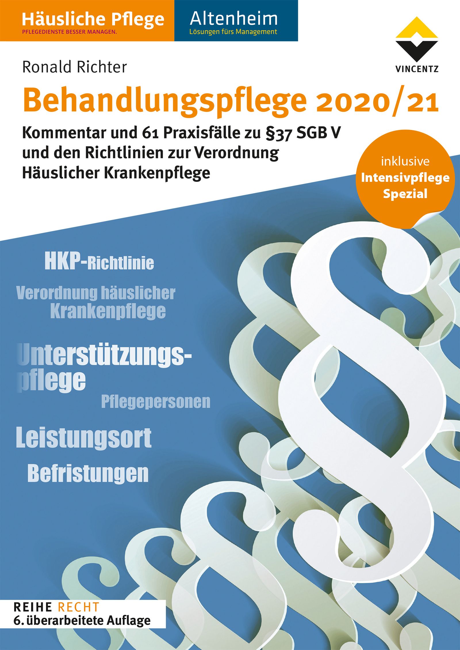 Buchcover "Behandlungspflege 2020/21". Titel, Autor, und Text auf blauem Hintergrund mit Paragraphen-Symbolen. Inklusive Intensivpflege Spezial.