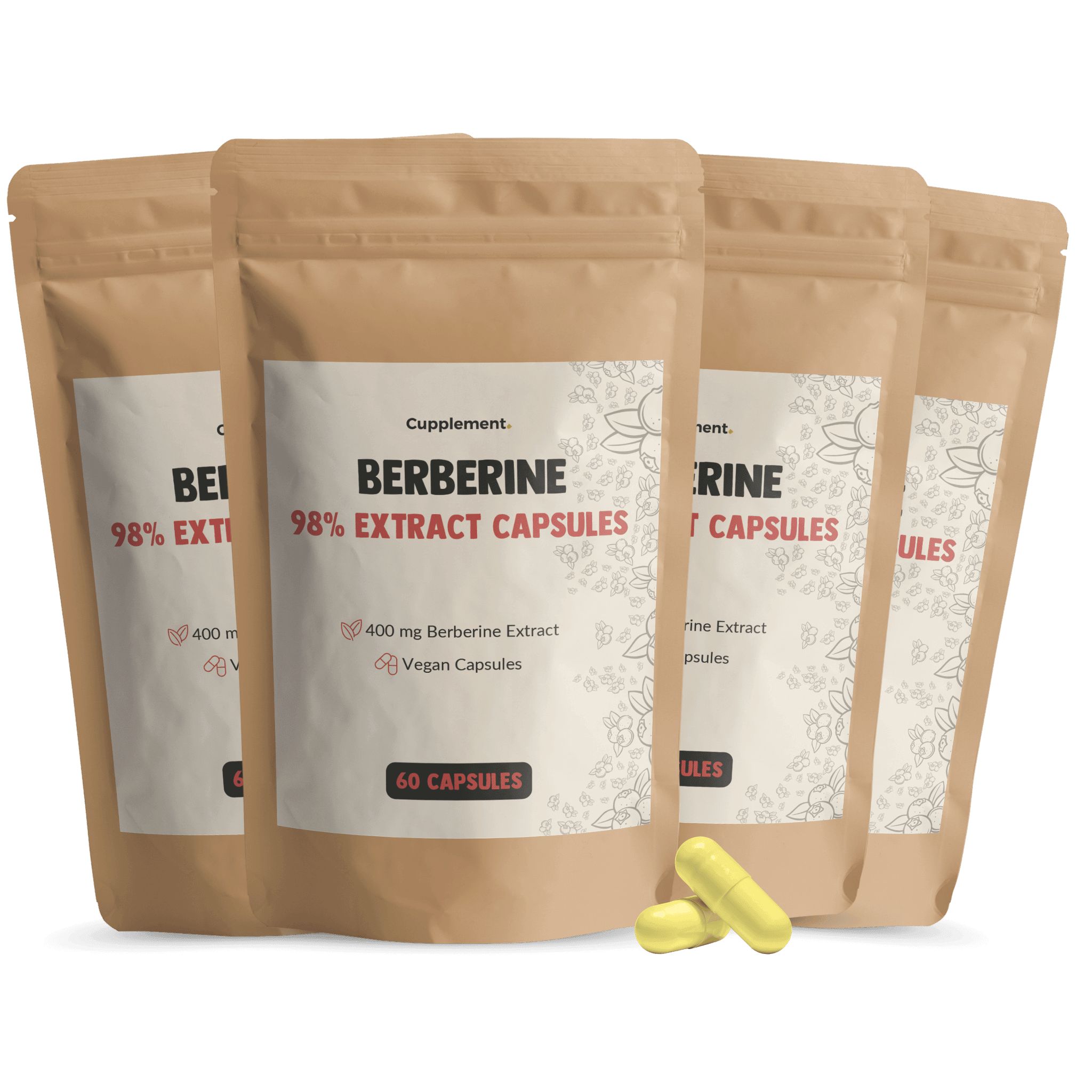 Vier Beutel Cupplement® Berberin Extrakt Kapseln. Aufschrift: Berberine 98% Extract Capsules, 60 Kapseln.