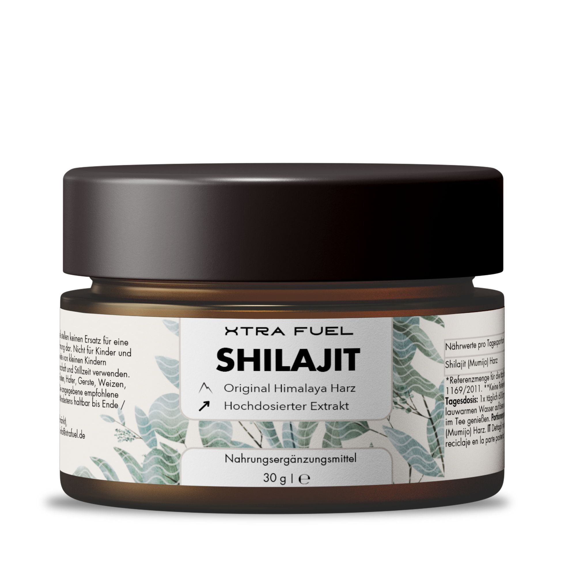 Barattolo marrone con testo 'XTRA FUEL Shilajit'. Testo: 'Original Himalaya Harz'.