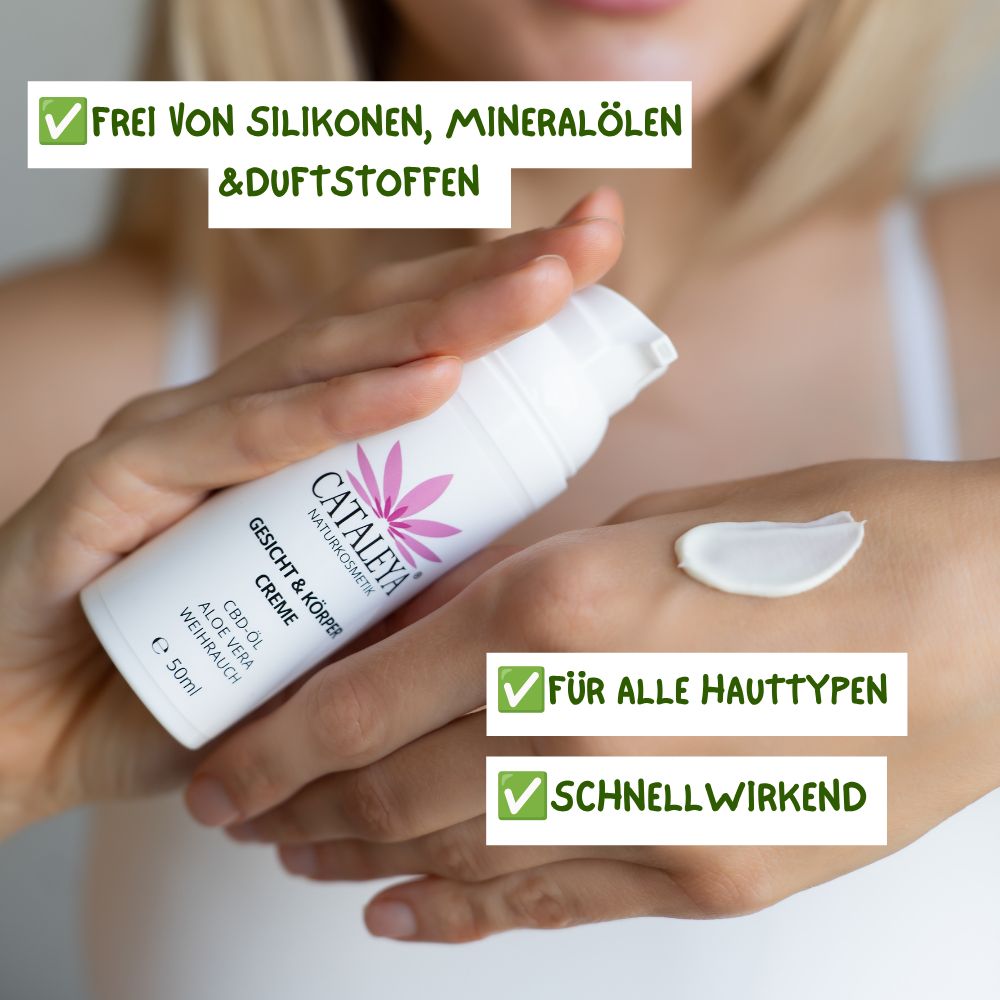 CATALEYA CBD Gesichts- & Körpercreme: Frei von Silikonen, Mineralölen, Duftstoffen. Für alle Hauttypen.