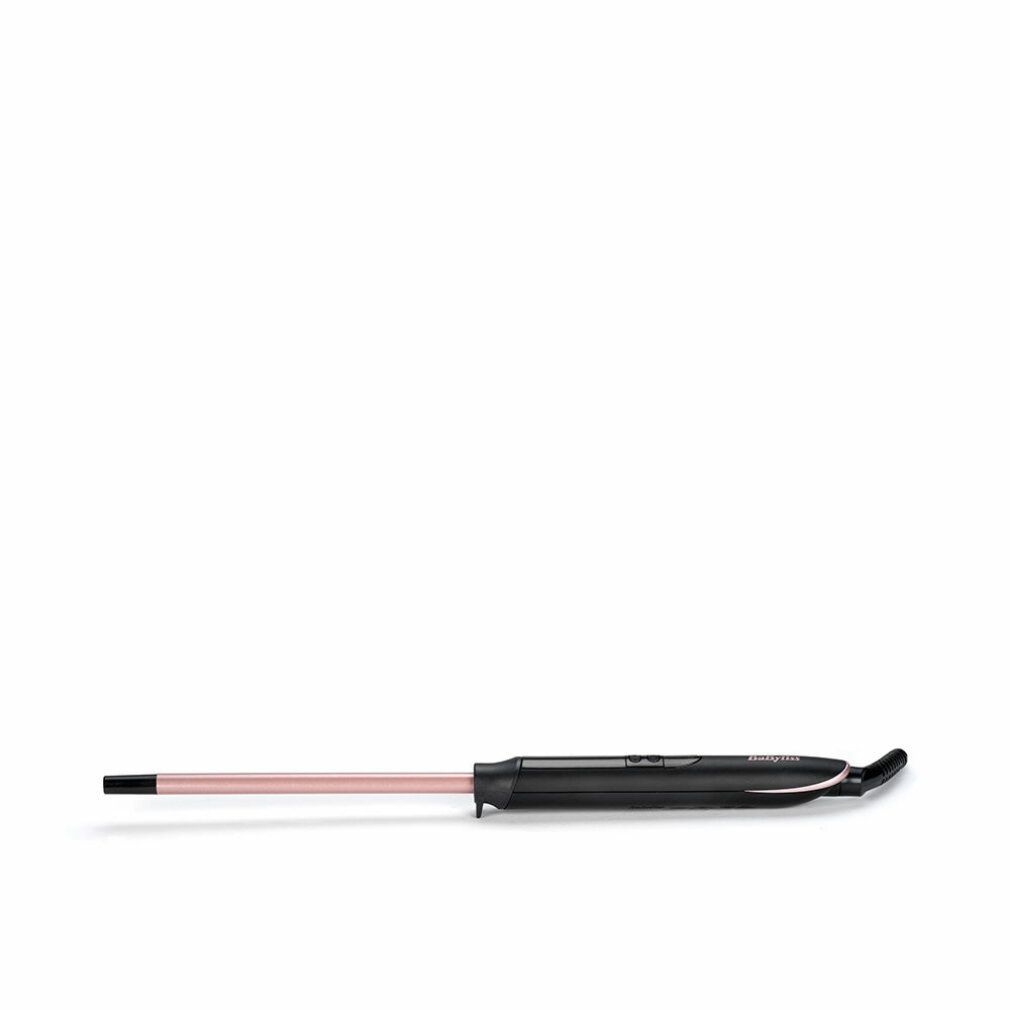 BaByliss Lockenstab. Schwarz und Roségold. Zylinderförmig. Schwarzer Griff mit Bedienelementen.