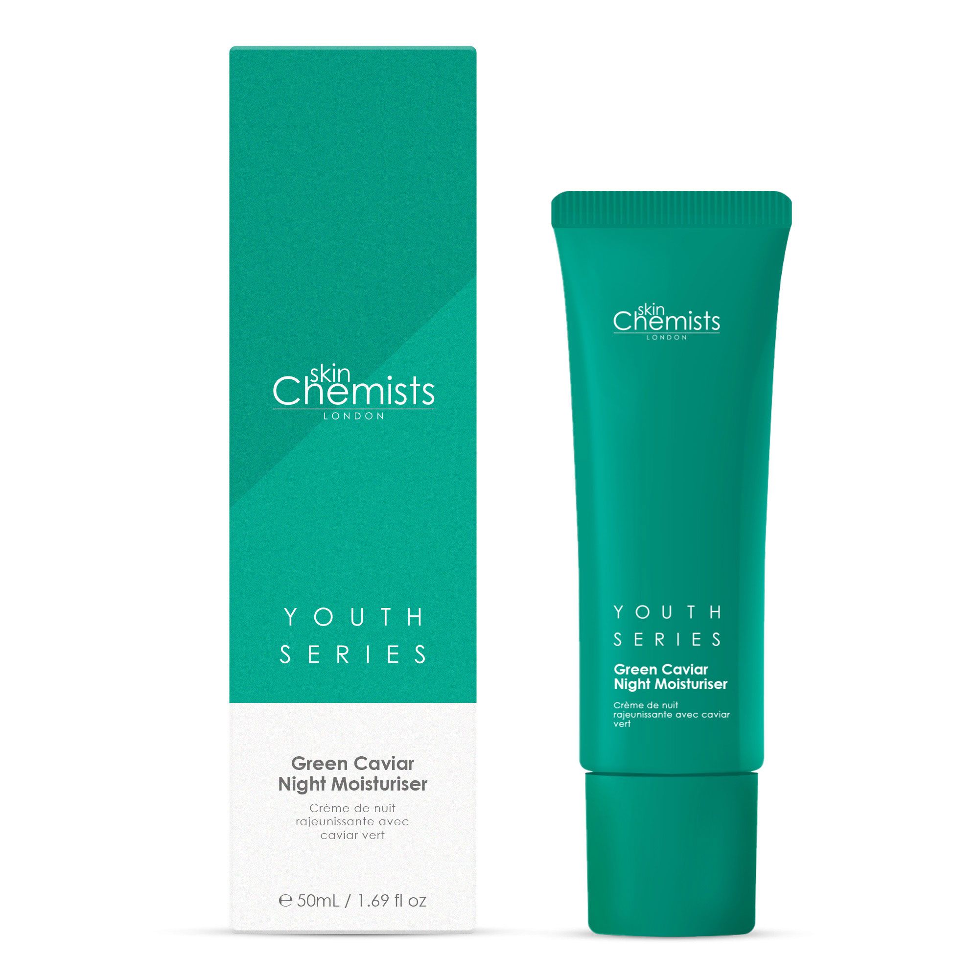 Grüne Tube und Verpackung. Aufschrift: skinChemists, Youth Series, Green Caviar Night Moisturiser. 50ml.