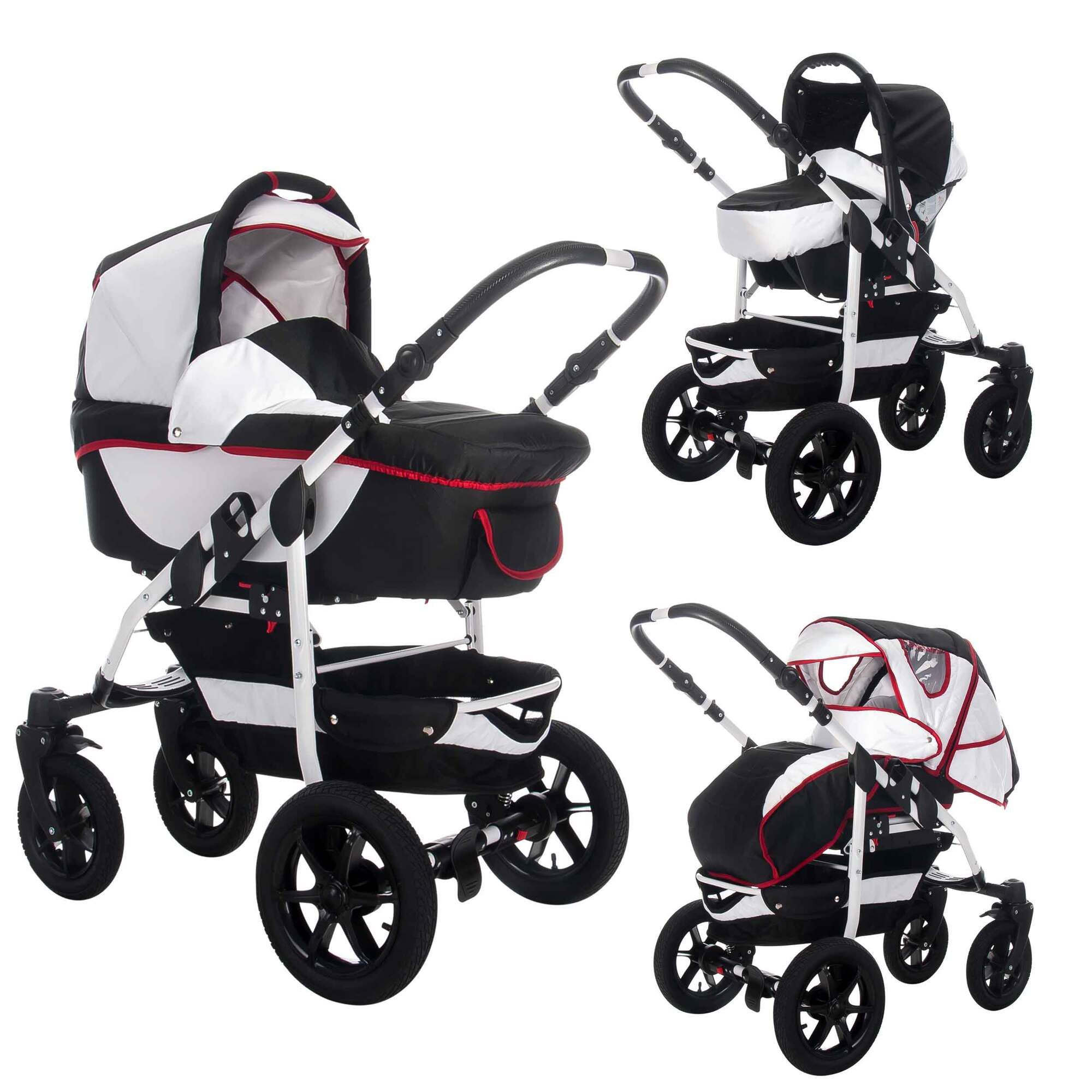 Kinderwagen, schwarz-weiß mit roten Akzenten. Vier Räder, verstellbarer Griff, Korb. Mehrere Ansichten.