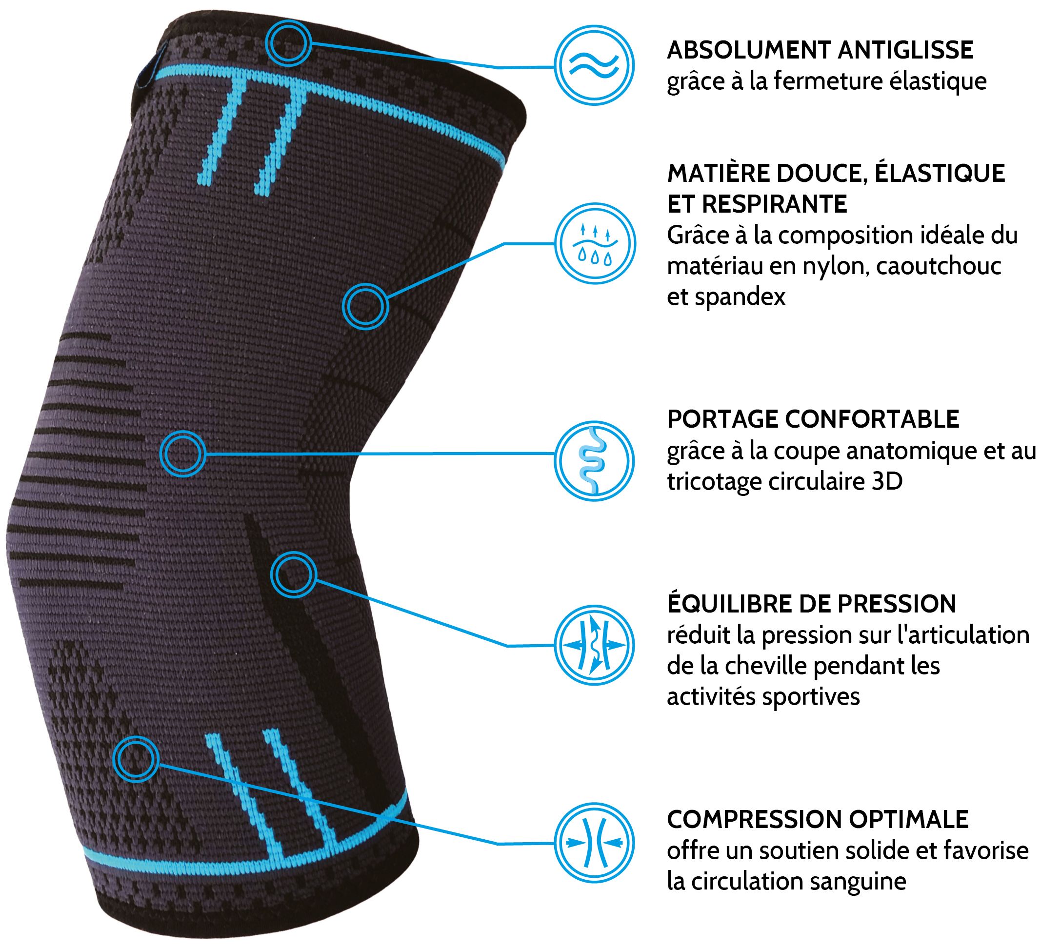 Attelle de coude noire avec accents bleus. Étiquettes : Antidérapant, respirant, confortable, équilibre de la pression, compression optimale.