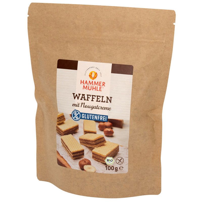 Beutel mit Waffeln mit Nougatcreme. Aufdruck: Hammer Mühle, glutenfrei, Bio-Siegel. Abbildung von Waffeln.