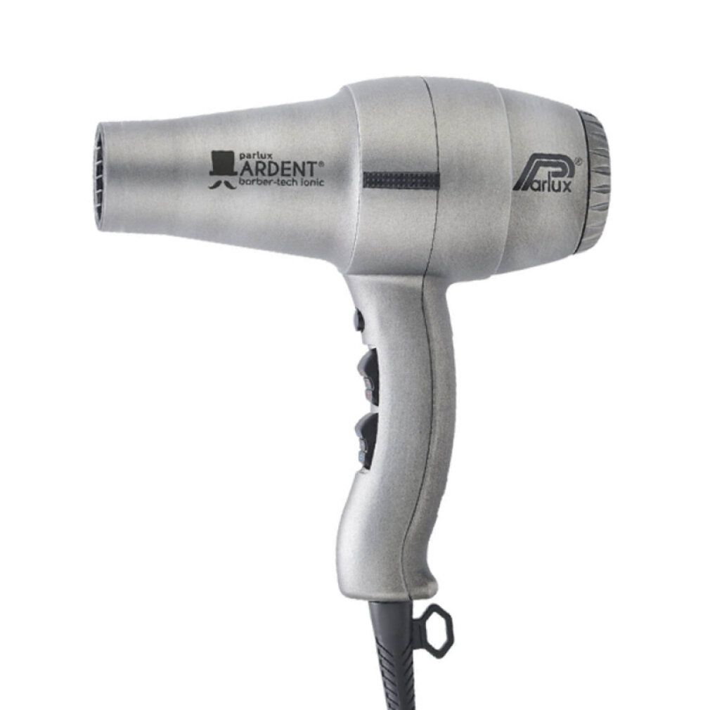 Silberner Haartrockner Parlux Ardent Barber-Tech. Seitliche Ansicht. Logo und Modellbezeichnung sichtbar.