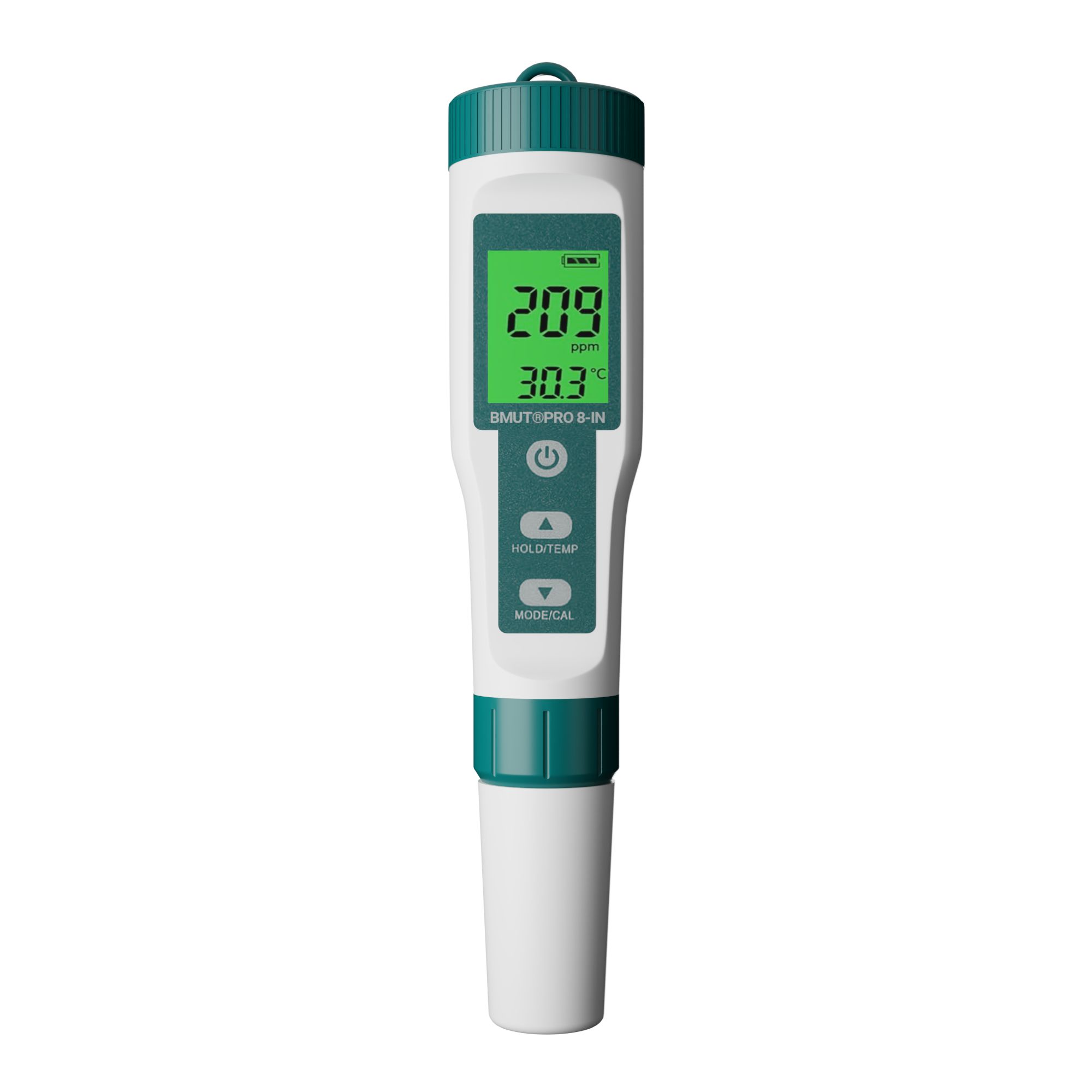 BMUT 8in1 pH Messgerät. Weiß-grünes Gerät mit Display. Zeigt Messwerte an. Knöpfe für Funktionen. Obere Kappe und untere Spitze.