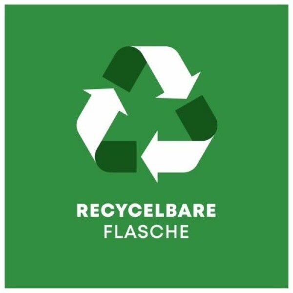 Recycling-Symbol: Weißes Dreieck mit Pfeilen auf grünem Hintergrund. Text: RECYCELBARE FLASCHE.