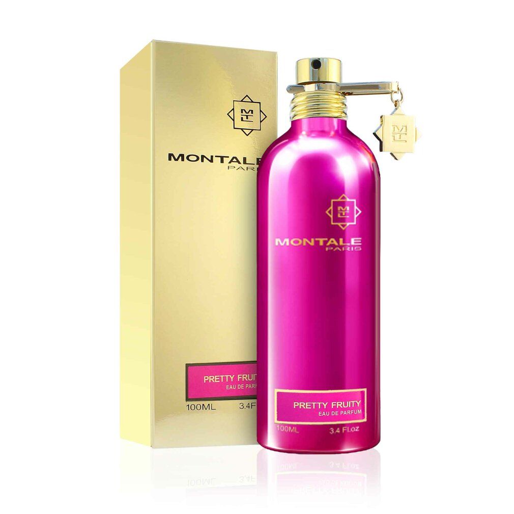 Pinkfarbene Flasche mit goldener Verpackung. Aufschrift: MONTALE PARIS, PRETTY FRUITY. 3.4 fl oz. Goldene Schachtel.