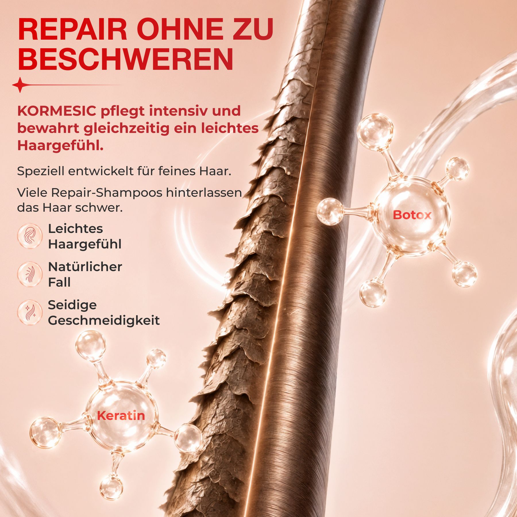 Nahaufnahme eines geschädigten Haares mit sichtbaren Schuppenschichten. Moleküle mit 'Keratin' und 'Botox' sind dargestellt.