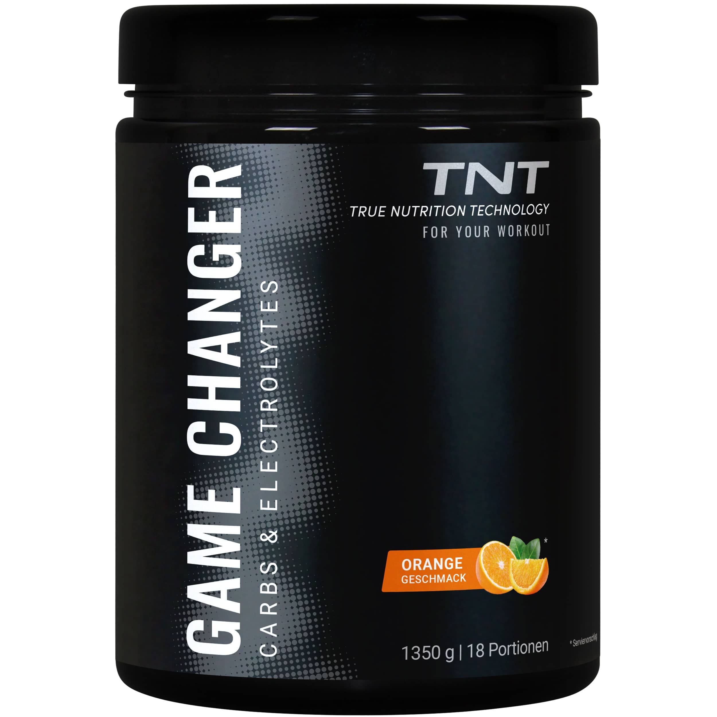 Schwarze Dose mit "GAME CHANGER" und "TNT"-Logo. Enthält Kohlenhydrate und Elektrolyte. Geschmack: Orange. 1350g.